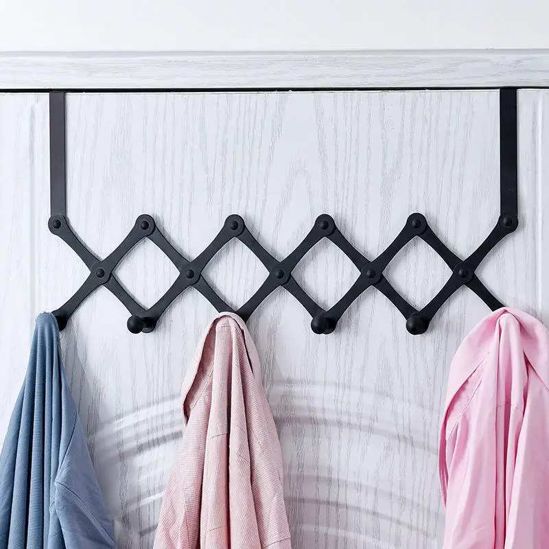 Black 5-hook Hanger Clothing Telescopic Enlarged Storage Rack Non Perforated Metal Clothes Hats Hanging Storage Behind The Door