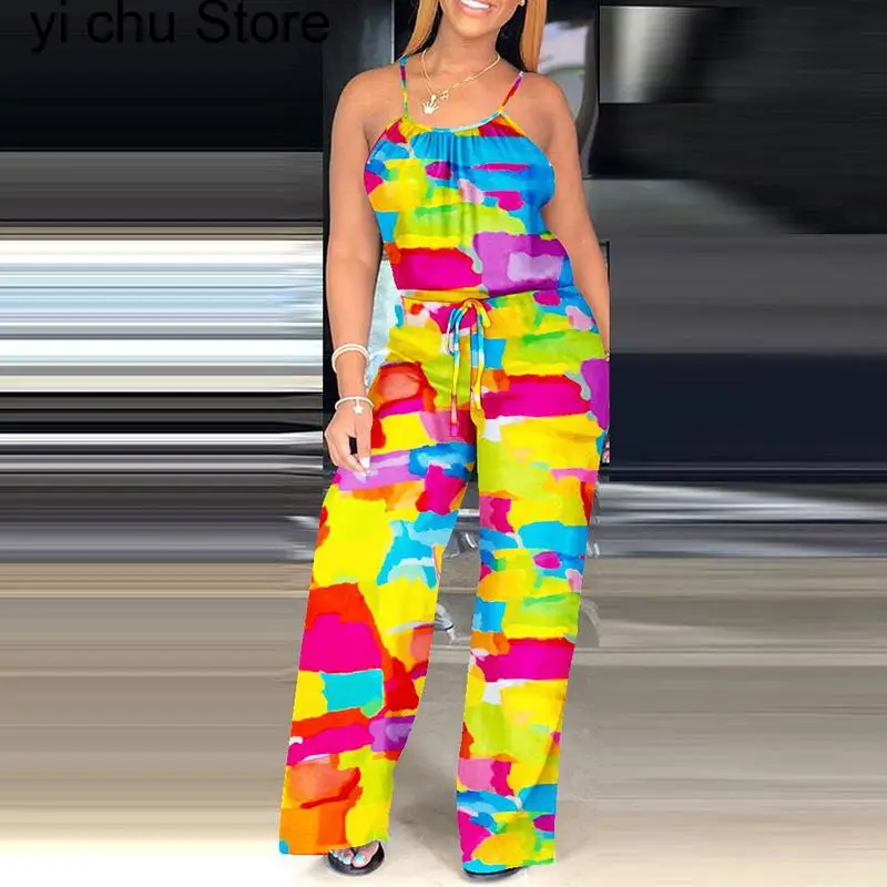 

New Women Summer Fashion Loungewear Printing Jumpsuits Sleeveless Hollow Out Lace-Up Ladies Playsuits Streetwear