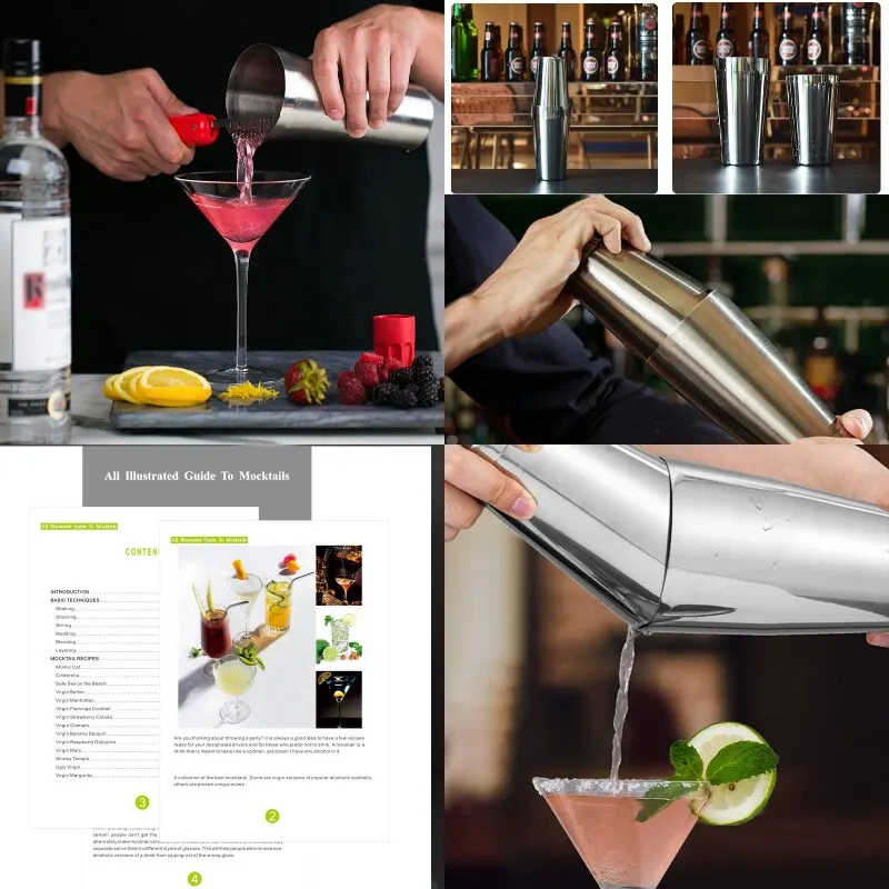 1-6Pcs 750ml 750/600ml Cocktail Shaker Set With Cocktail Recipe, Bartending Kit Bar Tools Accessories Pourer Muddler Jigger