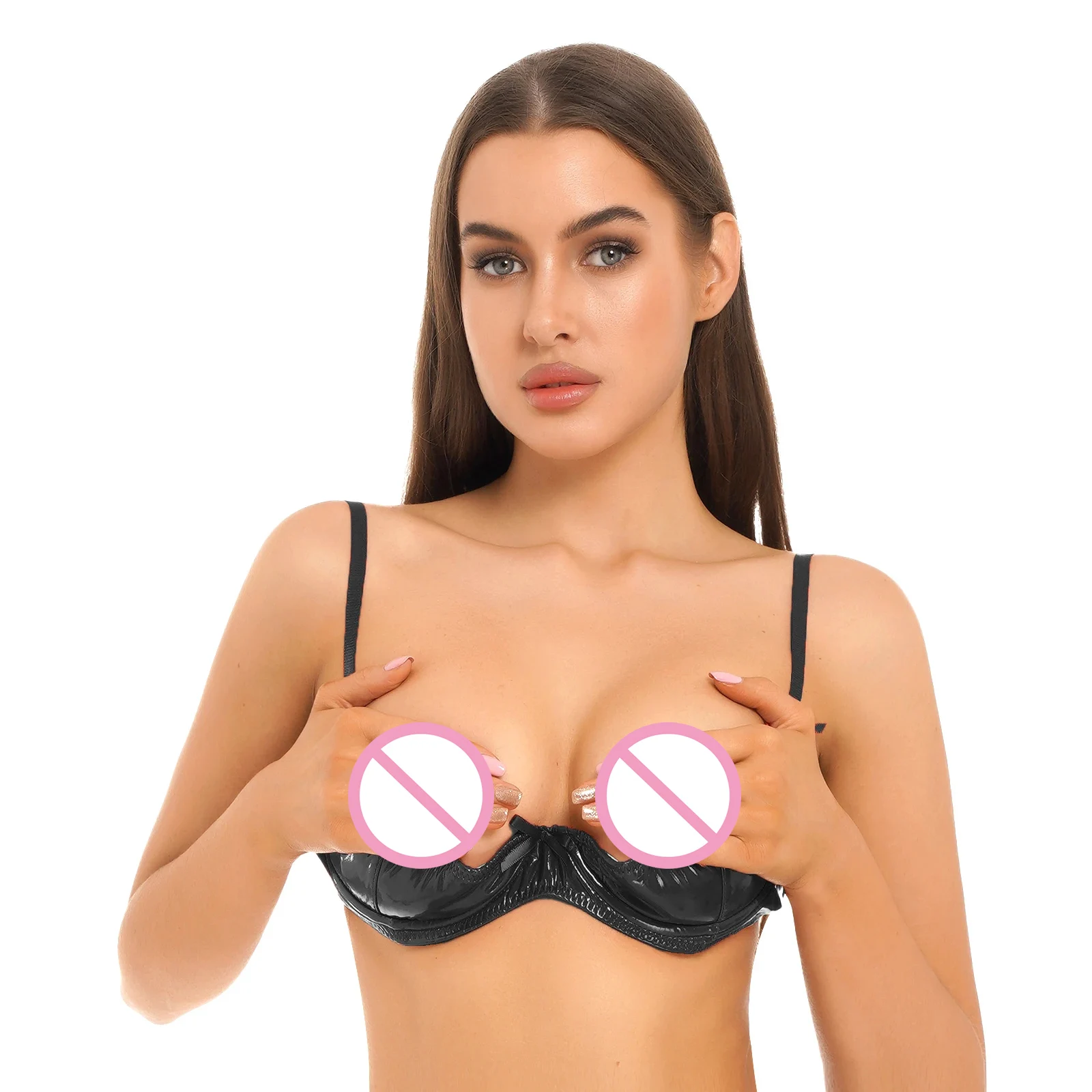 Women Wet Look 1/4 Cup Bra Underwired Push Up Bralette Lingerie Glossy Patent Leather PVC Balconette Open Breast Cup Bra Top