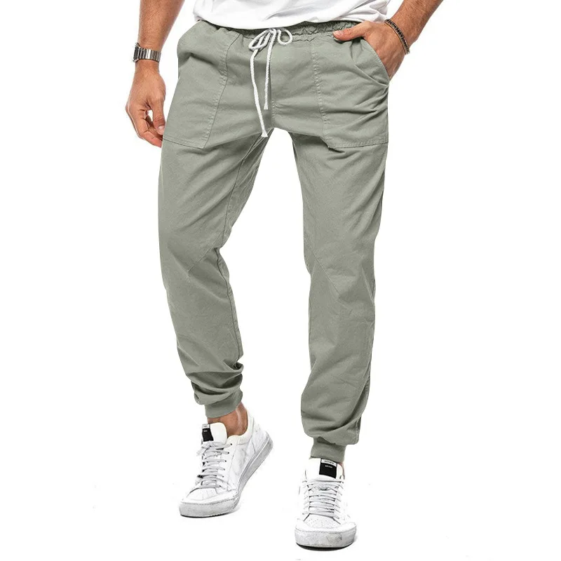 Spring Summer New Solid Color Fashion Elastic Waist Cargo Pants Man High Street Casual Solid Color Pockets Drawstring Trousers