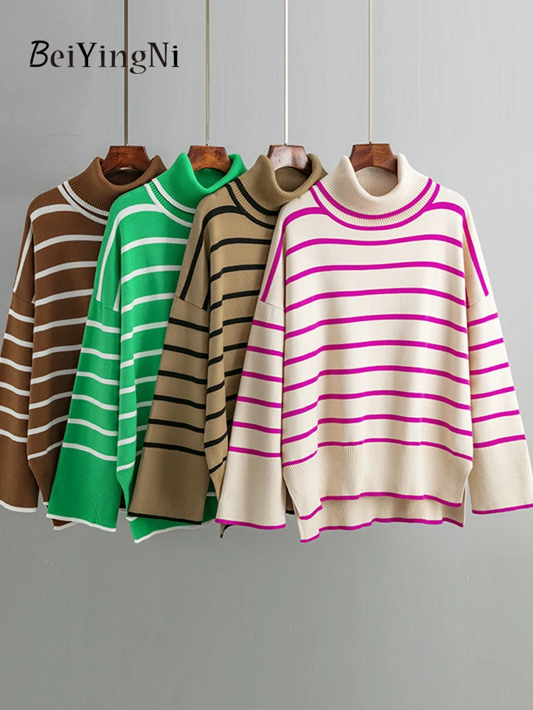 

Beiyingni 2023 Oversized Sweater Women Striped Vintage Casual Loose Winter Knitted Turtleneck Tops Woman Autumn Pullovers Coats