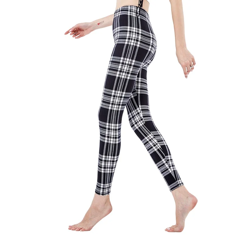 

Sexy Pants Gym Sport Women Hot Sale Plaid Printed Leggings for Fitness Tights Grid Jeggings Elastic Push Up Trousers