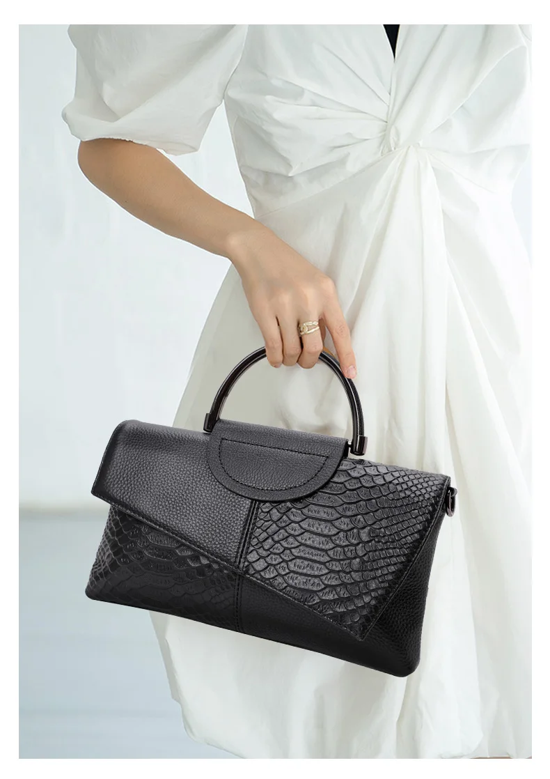Neue Clutch-Tasche mit Schlangenmuster-Patchwork aus Rindsleder für Damen, Unregelmäßige Klappe, Tragbar mit Obergriff, Crossbody-Tasche für den Alltag – Detail 2