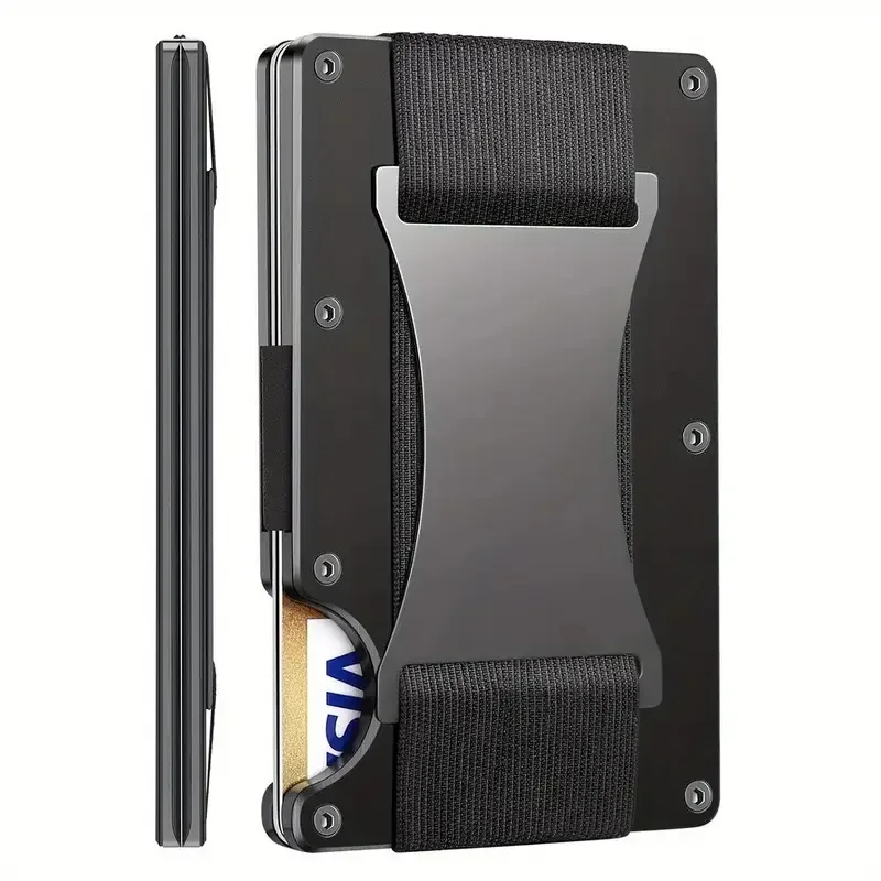 Slim RFID Protection Aluminum Card Holder Wallet with Elastic Back Pouch - Unisex Travel Purse