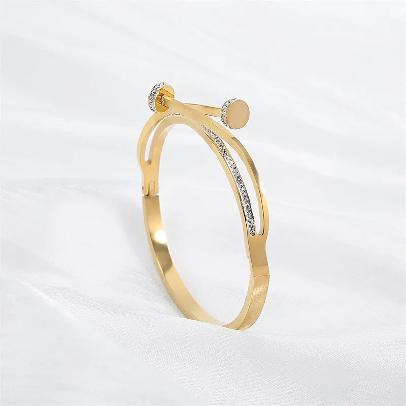 Double Crystal Nail Head Cross Stainless Steel Bracelet For Woman Silver Color Love Wedding Gift Bangle Jewelry
