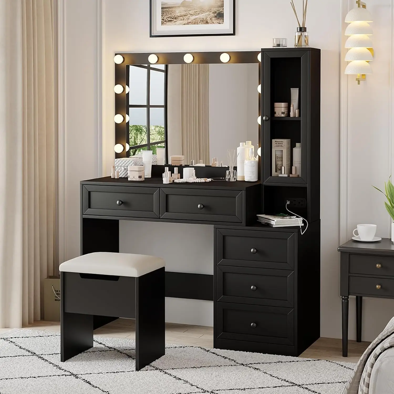 43" W Vanity Desk with Mirror & 11 Lights,Modern Makeup Desk with 5 Drawers & Cushioned Stool,3 Lighting Modes Brightness Adjust
