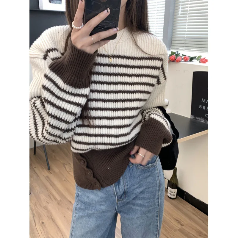 

2023 Autumn/Winter New Small Crowd Waist Slim Stripes Soft Glutinous Sweaters,Women's Round Neck Pullover fashion top