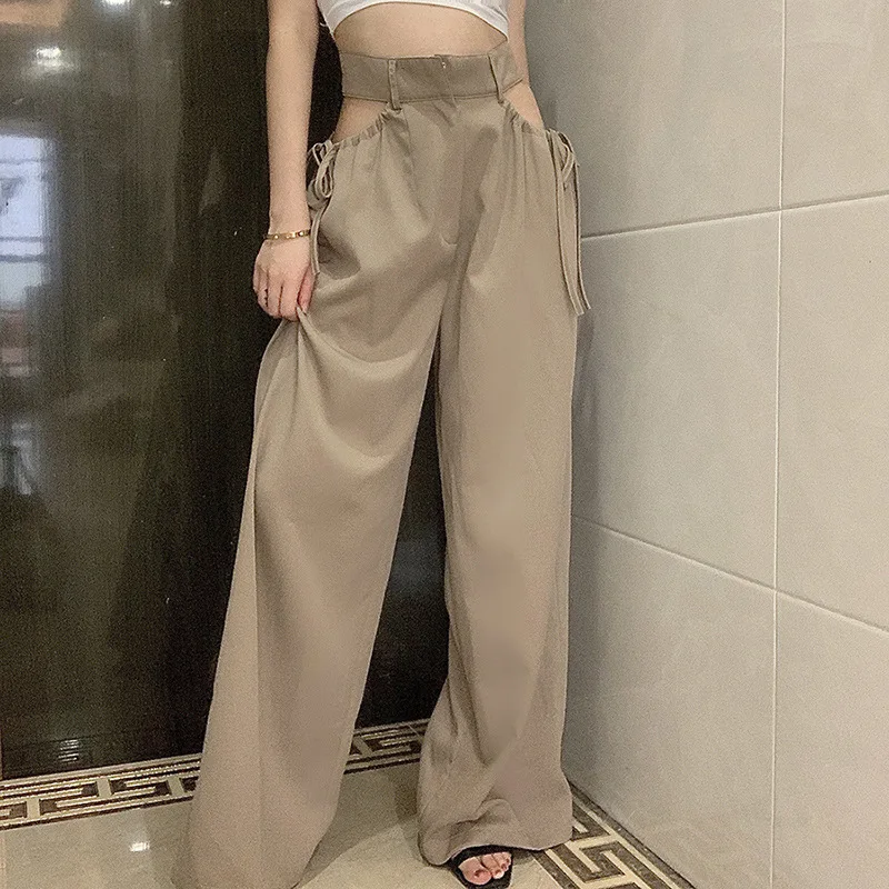 plus size clothing Meqeiss high waist hollow out tassel Straight pants 2020 female fashion  street casual wear harajuku Khaki cargo pants women capri jeans