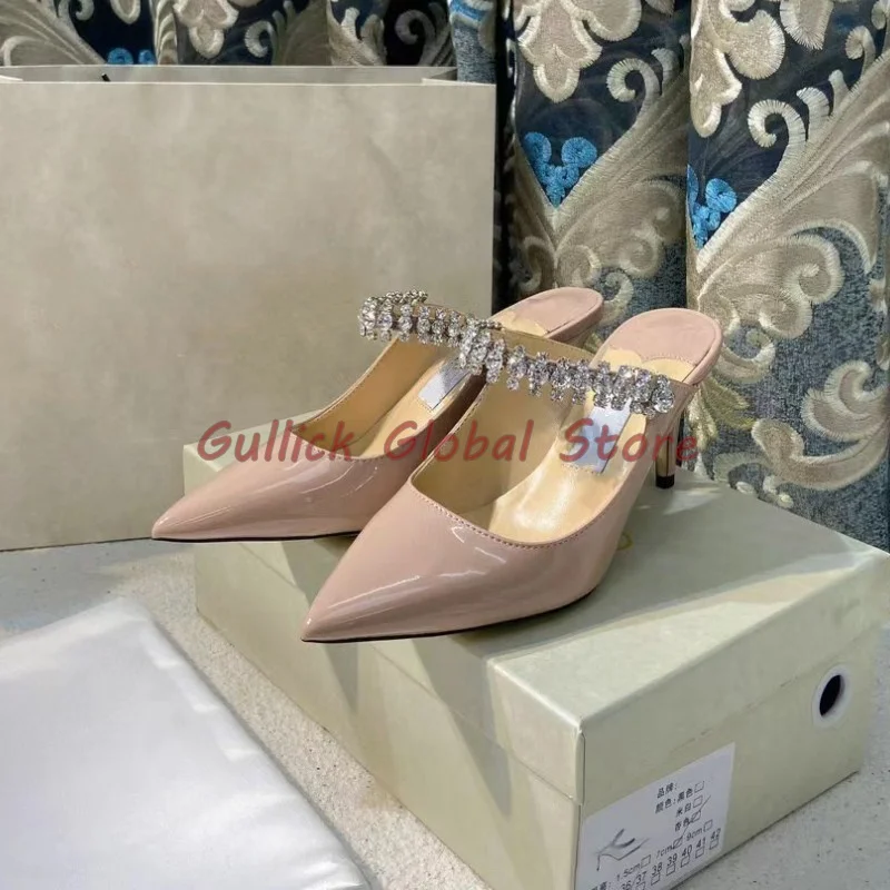 

2024 New Arrival Slides Genuine Leather Pointed Toe Crystal Rhinestone Wrapped Toe Shallow Stiletto Slippers Outside Sweet Soft
