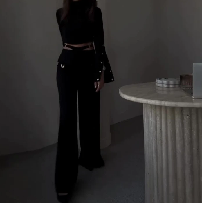 High Necked Solid Color Navel Exposed Sweet Spicy Style Loose Wide Leg Pants Set for Women 2024 Spring Summer Simple Pants Set