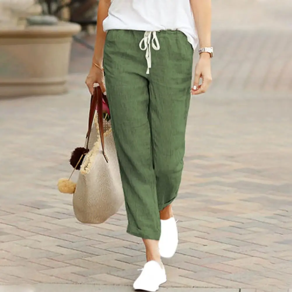 

Loose Fit Trousers Stylish Women's Elastic Waist Drawstring Pants with Pockets for Office Streetwear Casual Trousers in Solid
