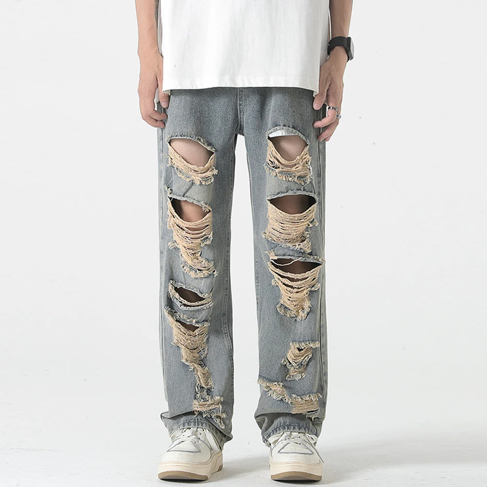 American Men's Vintage Hole Y2K Jeans Cotton Denim Pants Baggy Ripped Jeans Man Straight Trousers Female Gothic Clothes