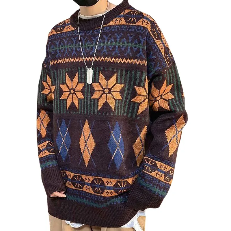 

New Product Retro Diamond Lattice Autumn Winter Man Sweater Long Sleeves Knitwear Brown Harajuku Trend Fashion Male Pullover
