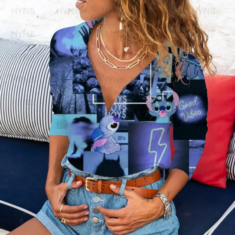 T-shirts Summer Streetwear Y2k Disney Stitch Sexy Clothes V-Neck Tops Women 2022 Cool Emo Long Sleeves Crop Top Polo Kawaii Kpop 3
