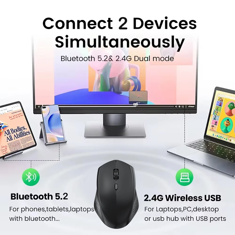 KEBIDUMEI 듀얼 모드 블루투스 2.4G 무선 마우스 충전식 무음 마우스 인체공학적 게임용 마우스 3 DPI 노트북 Windows MacOS용 Dual Mode Bluetooth 2.4G Wireless