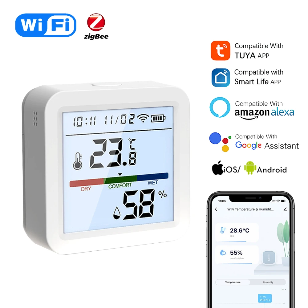 Tuya WiFi/Zigbee Smart Temperature And Humidity Sensor Backlight LCD Display APP Remote Monitor Works With Alexa Google Home temperature humidity meter temperature humidity sensor