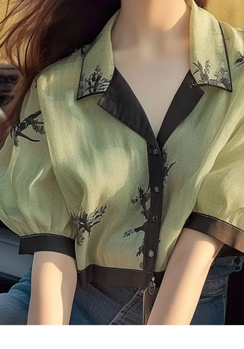 Chiffon Women's Shirt Summer Printed Vintage Blouses Loose Short Sleeve Women Tops Polo-neck Fashion Clothing 2024 Korean