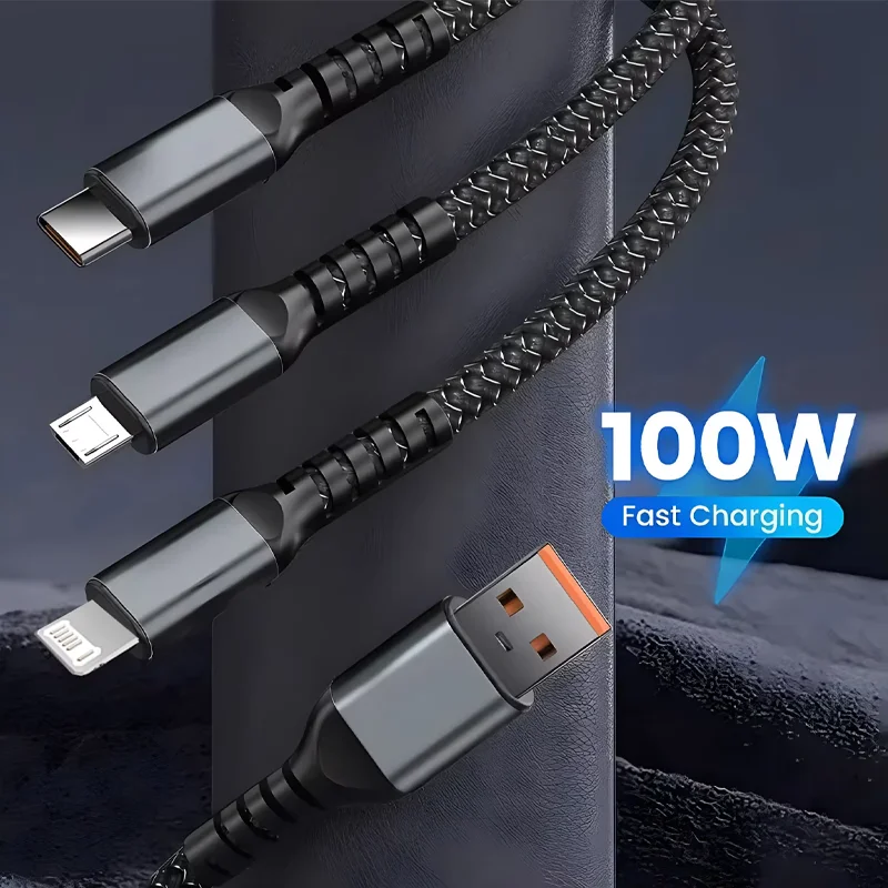 3 In 1 100W Transparent Pilot Lamp Super Fast Charging Cable Universal with Type C Usb Micro for Iphone Samsung Huawei Xiaomi 6A 3