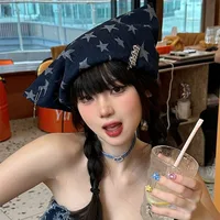 Japanese Y2k Niche Original Personalized Bag Head Hat Spring and Summer Women's Denim Star Cat Ear Pin Decorative Beanie Cap 2