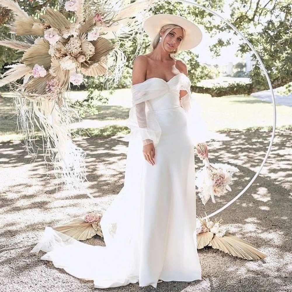 

Off The Shoulder Mermaid Wedding Dress For Women Backless Lone Sleeves Wedding Gonw For Women Customize To Measures Robe De Mar