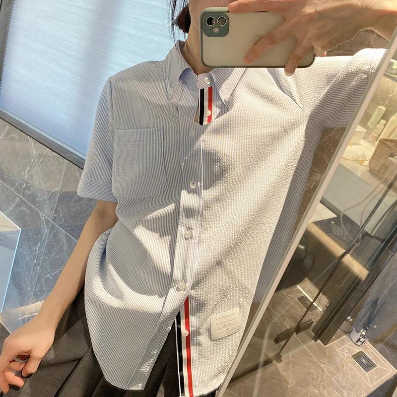 Wang Xinling's High-end TB Short Sleeve Women's Shirt European Station Professional Front Ribbon Half Sleeve White Shirt