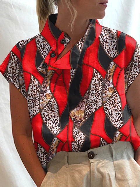 Celmia Women Short Sleeve Blusas 2022 Summer Cotton Linen Shirts Fashion Oversized Blouses Casual Loose Camisas Solid Tunic Tops Red (Leopard 2)