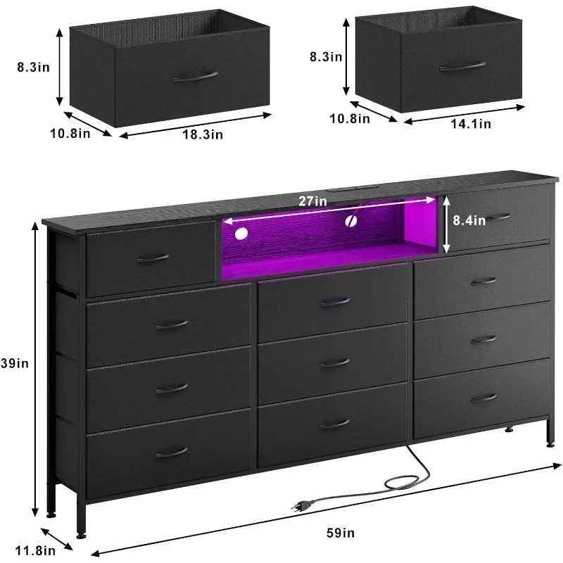 Long Dresser for Bedroom with Charging Station and LED Lights, Black Dresser TV Stand with