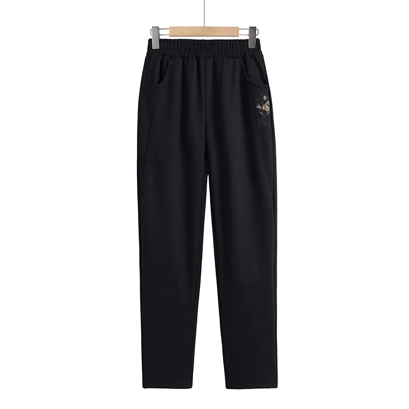 Autumn and Winter Women's Elastic Waist Solid Embroidered Bright Line Decoration Pocket Plush Thickened Harlan Fashion Pants