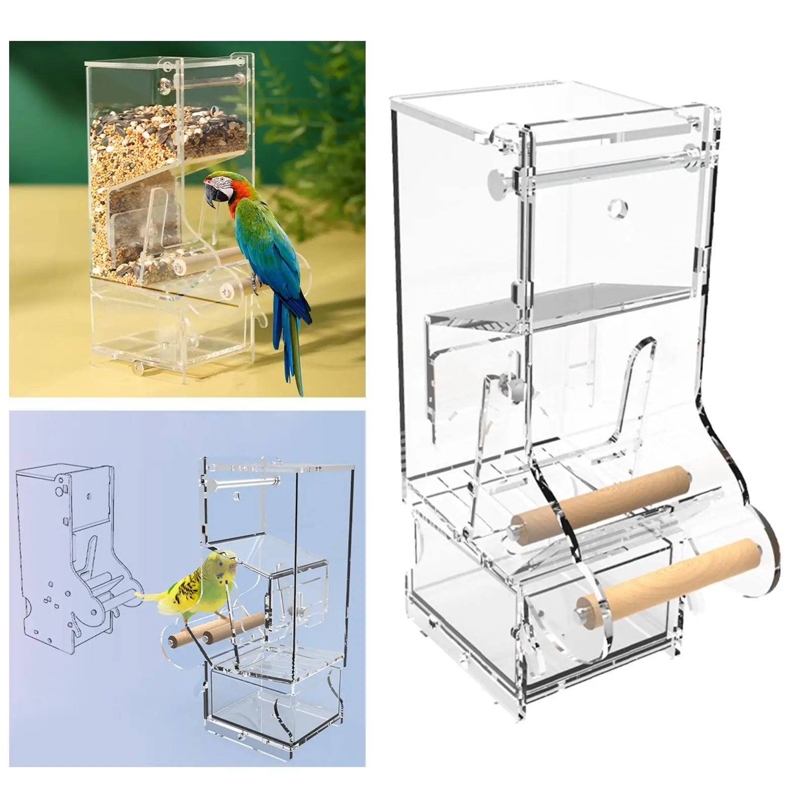 No Mess Bird Feeder Cage Hanging Clean Food Dish with Perch Parrot Feeder for Lovebirds Parakeet Canaries Cockatoo Conure