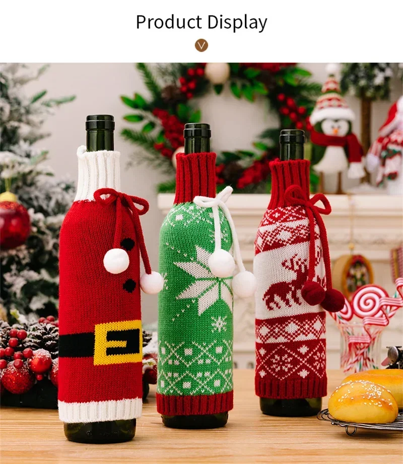 Description Picture 6 of itemChristmas Wine Bottle Cover Table Dress Knitted Snowflake Elk Belt Pattern Wine Bag Kitchen Tableware Xmas Ornament Party Gift