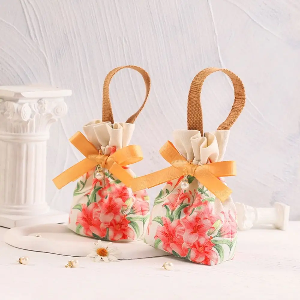 

Цветочная сумка на шнурке с цветами розы, жемчужная подвеска, лента тюльпана, бант, сумка-мешок, атласный бант, Холщовая Сумка на запястье