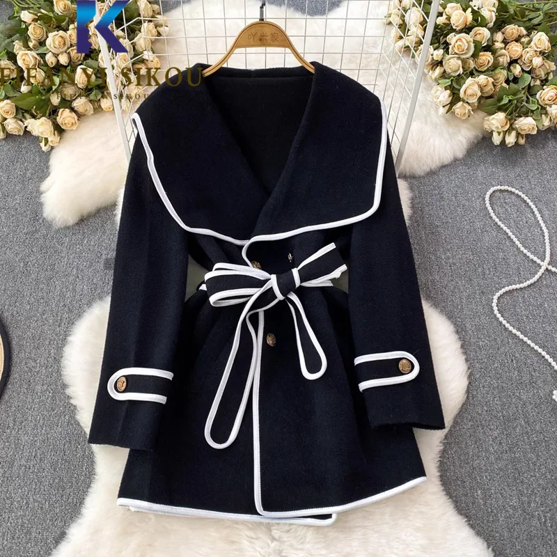 

Black Woolen Coat Women 2023 New Winter Coat Double Breasted Belt Fashion Sailor Collar Spliced Wool Blend Mid Long Coat Female