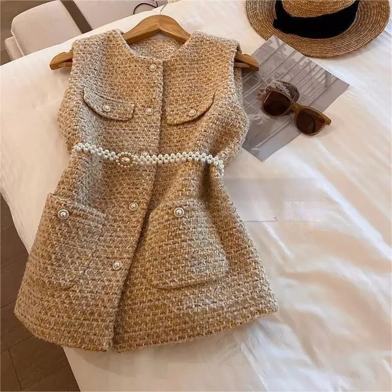 Autumn Winter Tweed Jacket Sleeveless Vintage Wool Vest Women Clothing Slim Buttons Pocket Waitstcoat Korean Fashion Coat