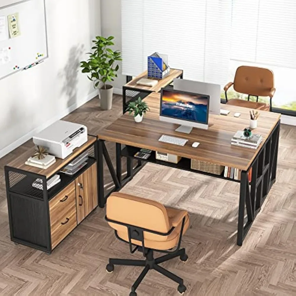 Desk with Drawer, 55" Long Computer Desk with Storage Rack and Mobile Document Cabinet, Home Office Furniture Set Executive Desk 4