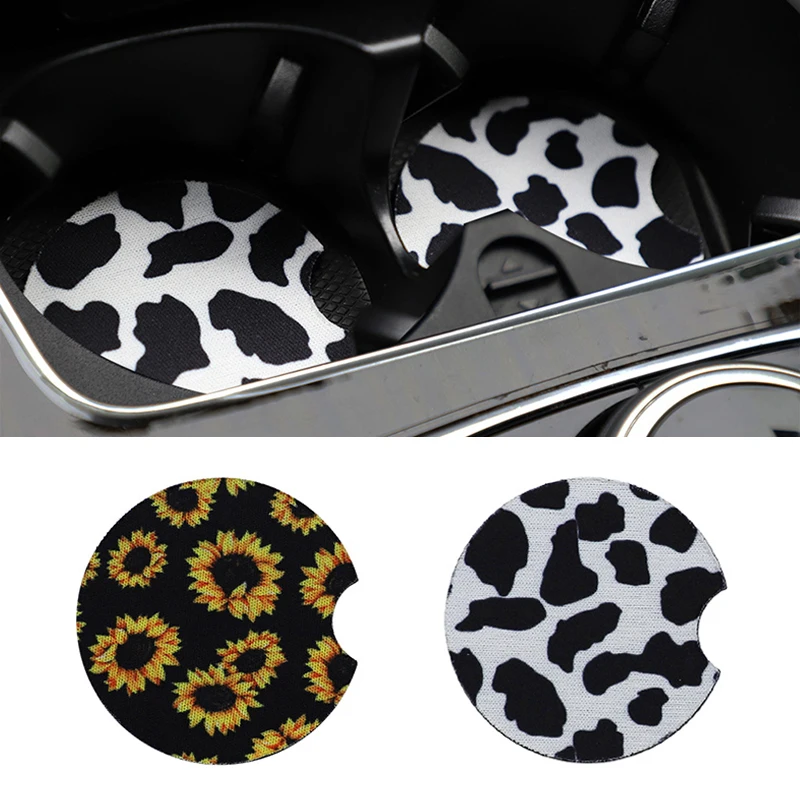 2PCS Car Coaster Water Cup Bottle Holder Waterproof printing Anti-slip Pad Mat Composite rubber Interior Decoration Accessories