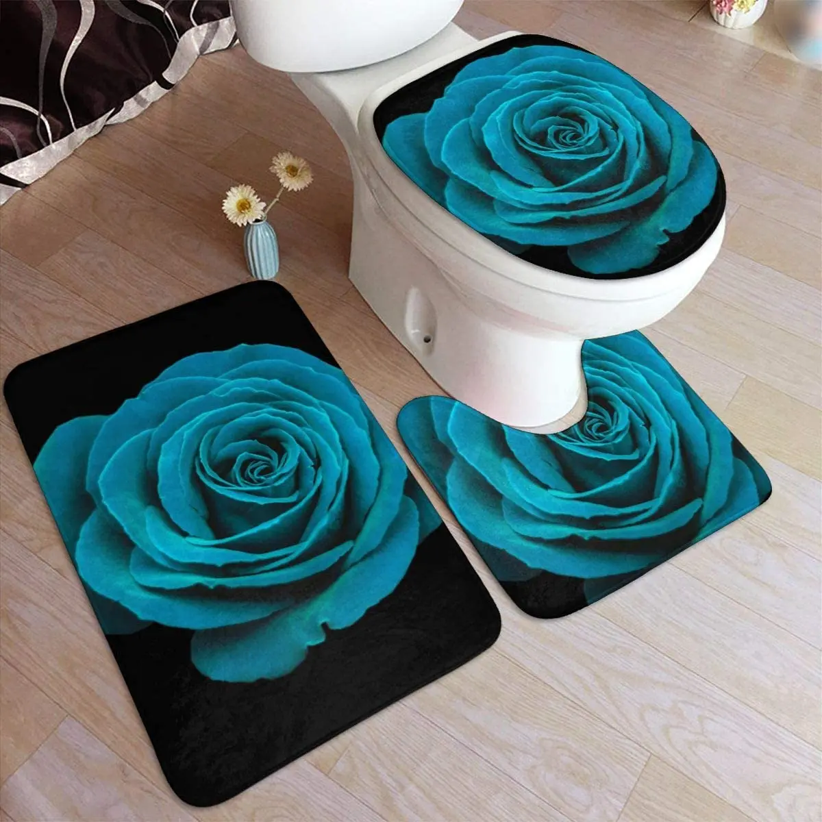 Blue Teal Rose Floral Flower Bath Mat Set Home Gray Butterfly Cover Water Droplet Turquoise Pattern Valentine Gift Toilet Decor the bookshop the gate of angels and the blue flower