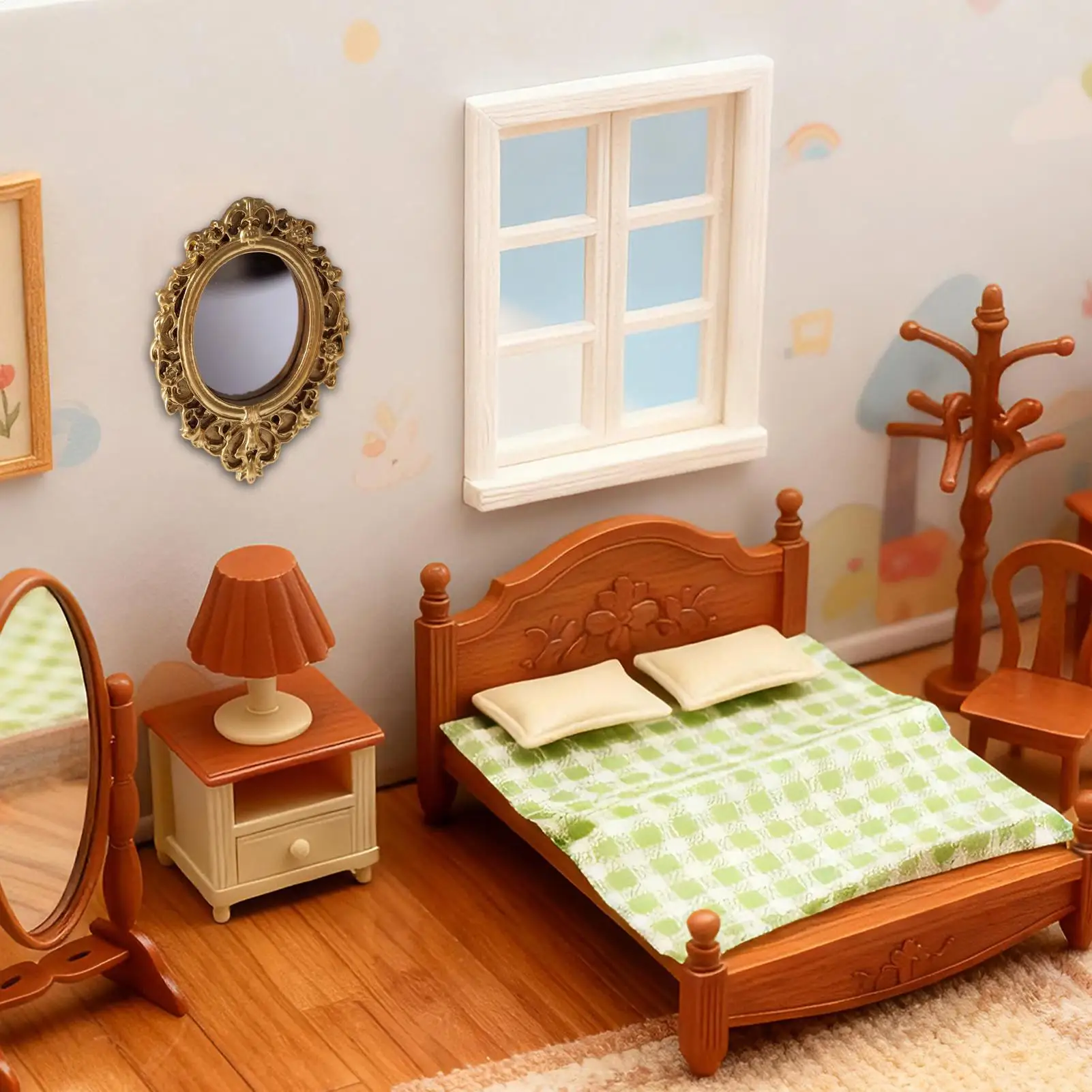 골든 프레임 인형의 집 드레싱 거울 인형 액세서리 원형 거울 빈티지 우아한 작은 거울 벽 장식 미니 가구 장난감