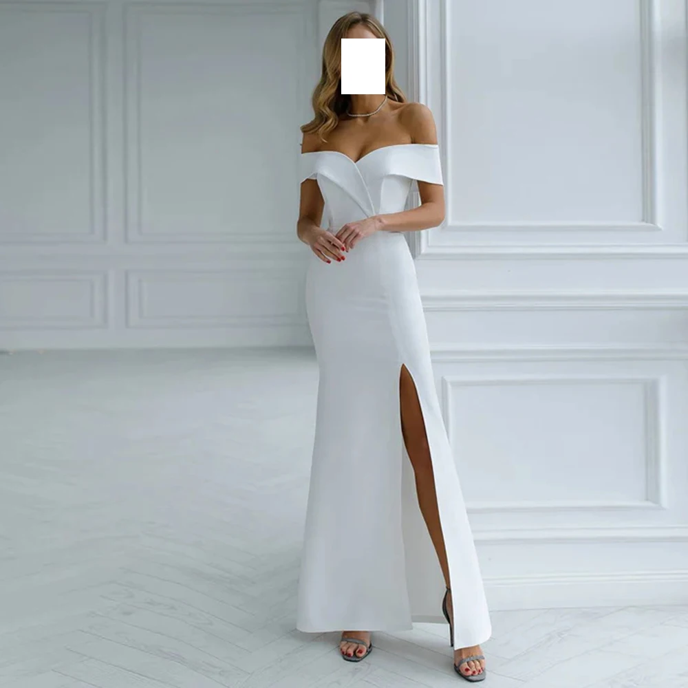 

Elegant White Jersey Off the Shoulder Pleats Evening Dress Simple Sweetheart Ankle Length Sheath Zipper Back Robe de soirée