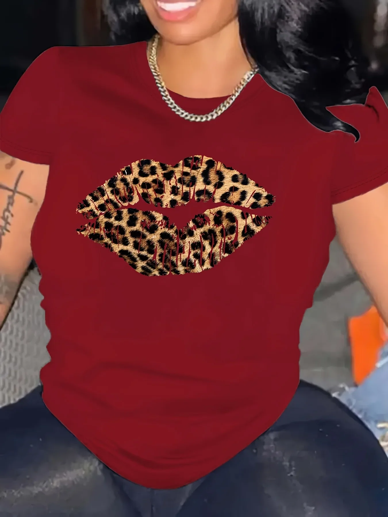 Summer Womens Leopard Print Lip Print Casual Plus Round Neck Short Sleeved Comfortable Breathable T-shirt Top Graphic T Shirts 3