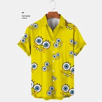 2024 Summer New Harajuku Casual Shirt Cute Spongebob Anime Street Trend Versatile Men's Lapel Short Sleeve Shirt 1