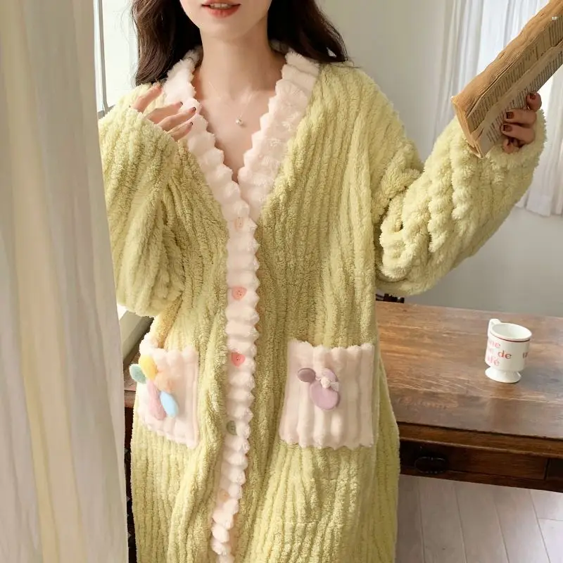 Winter Robe Women Coral Velvet Padded Thickened Nightgown Bathrobe Autumn Winter Long Bathrobe Jacket Facecloth Pajamas New