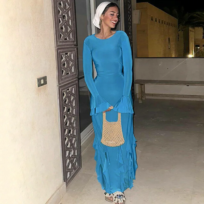 O Neck Knit Ribbed Long Sleeve Ruffles Women'S Dresses Elegant Evening Manufacturer Casual Y2K Prom Ladies Dress
