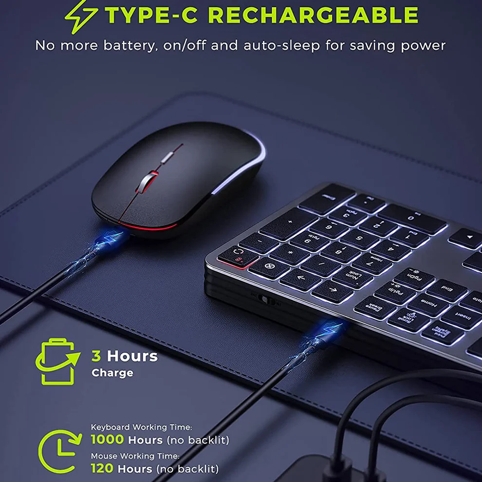 Teclado Retroiluminado sem Fio Silencioso com Retroiluminação Conjunto de Mouse e Teclado Fino Recarregável em Tamanho Grande Usb 2.4g - Imagem 2
