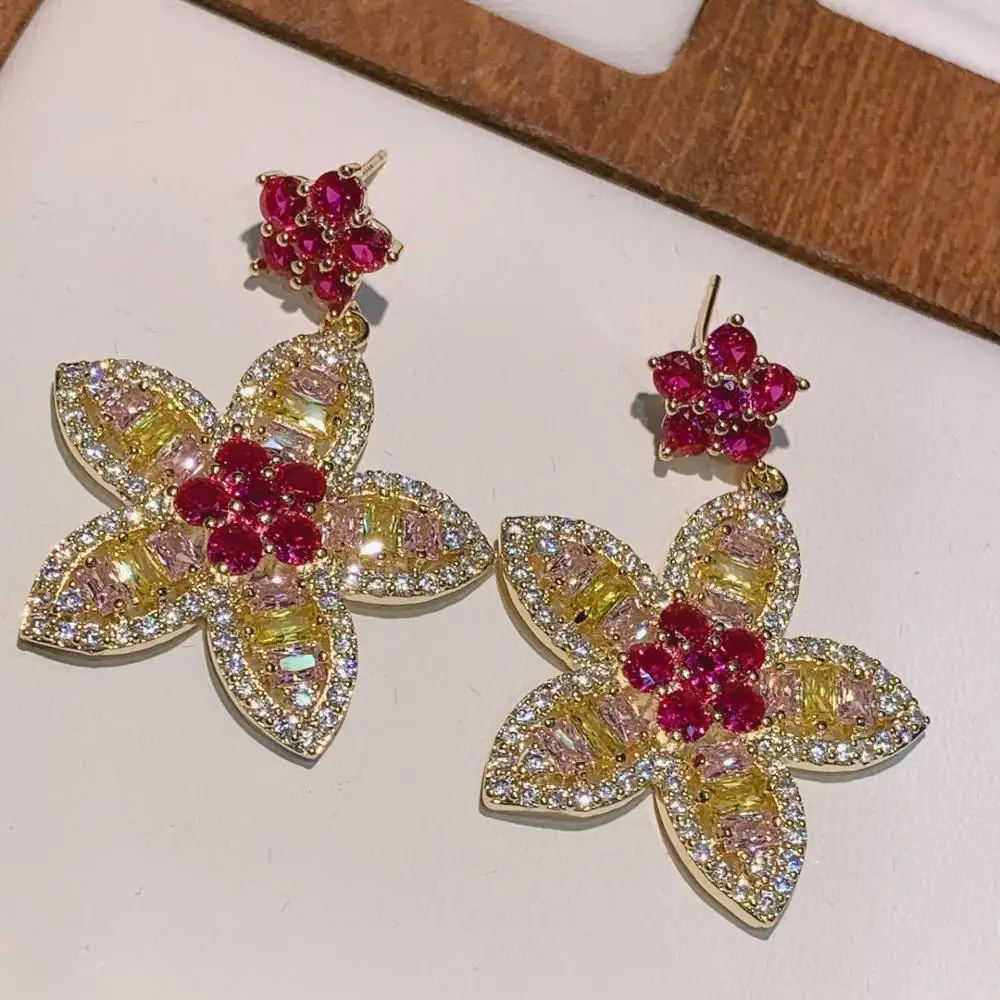 

Fashion Luxury Flower Trendy Red Cubic Zirconia American Wedding Party Drop Earrings Fashion Jewelry for Women Party Gifts E-399