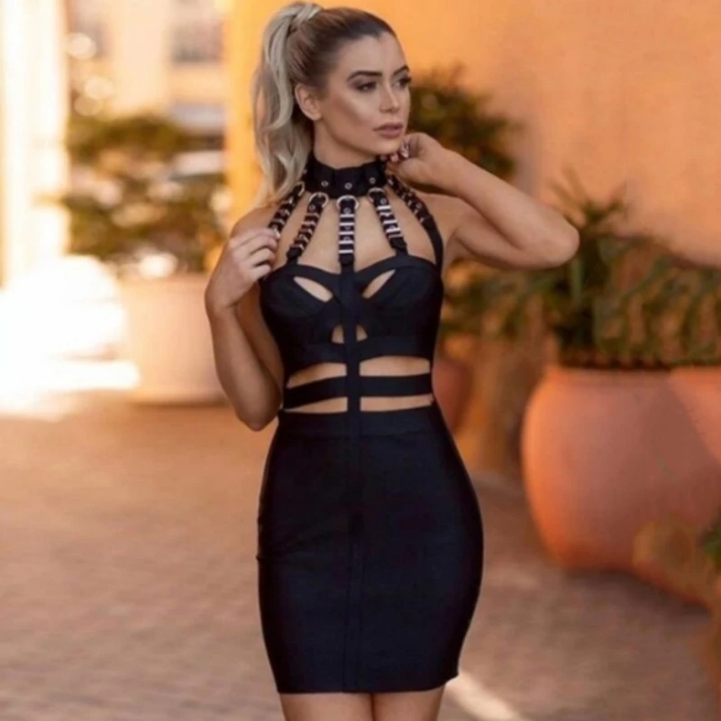 

Celebrity Red Carpet Dress Black Color Sexy Holoow Out Bodycon Mini Dress Rayon Bandage Fashion Nightclub Party Dress