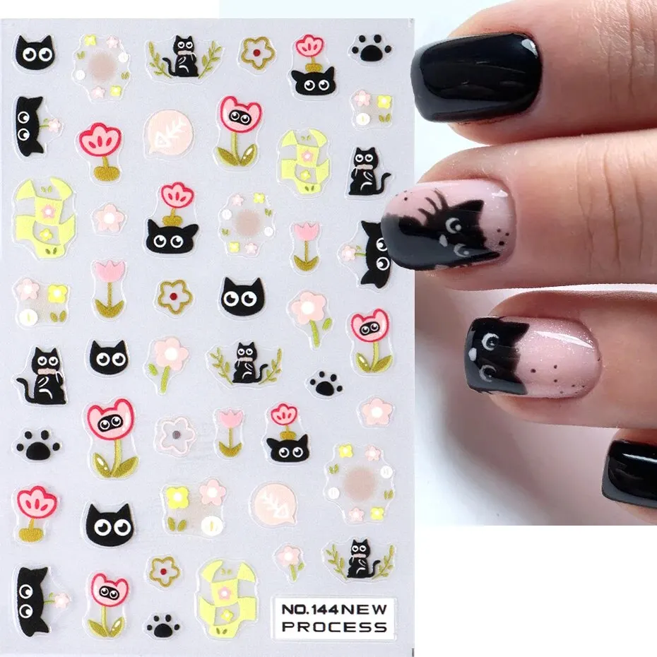 2pcs Black Cat Nail Stickers 3D Cute Cartoon Animal 3D Self-Adhesive Nail Art Decals Sliders Decorations Manicure Accessories 6