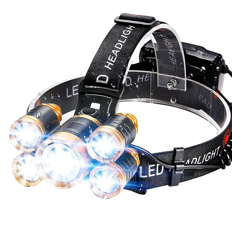 

Фонарик, Ультраяркий 5-диодный налобный фонарь, водонепроницаемый перезаряжаемый через USB фонарик, идеально подходит для кемпинга, бега