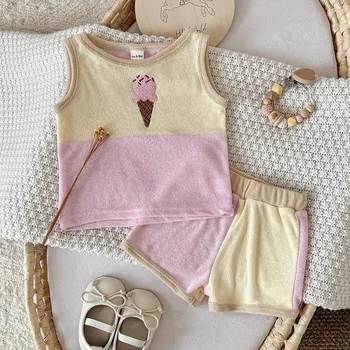 Toddler Baby Summer Outfit Contrast Color Stripe Ice Cream Embroidery Tank Tops and Shorts Set Suitable for Ages 0-3 Years Old 1