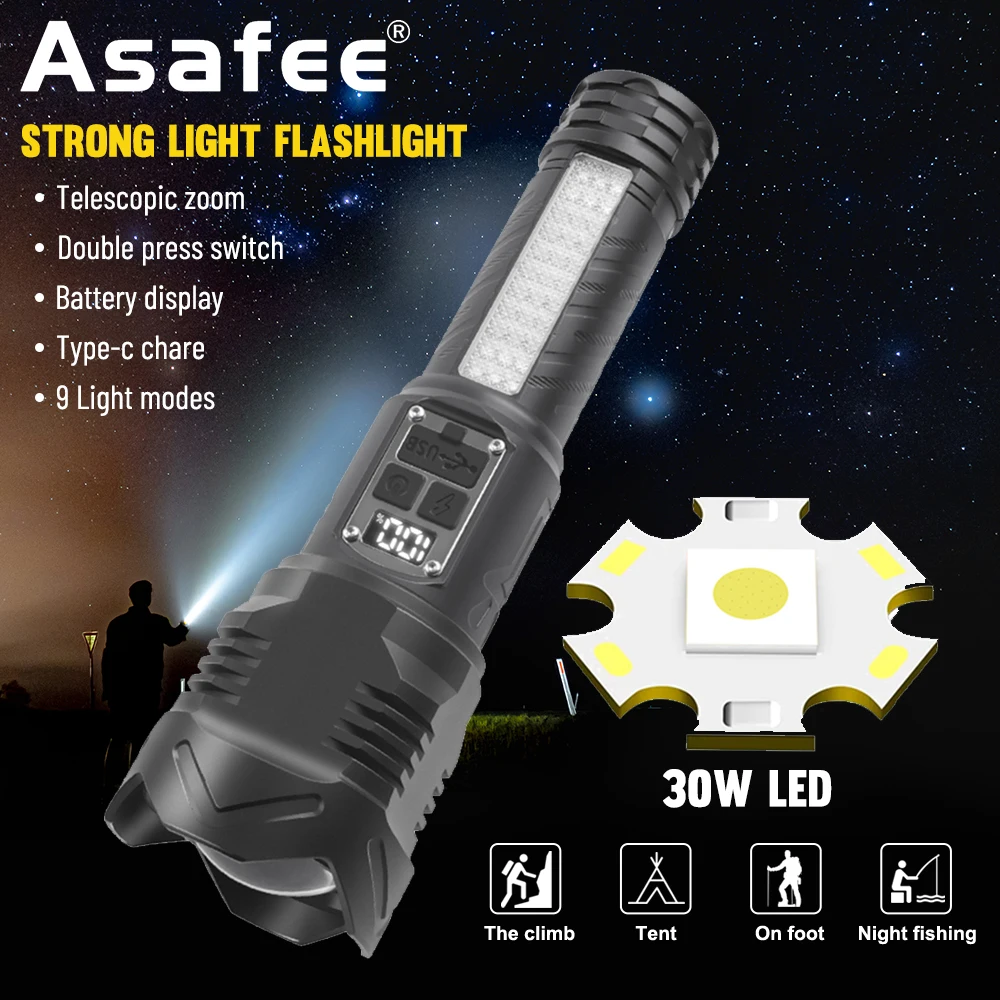

Asafee светодиодный Выходная лампа, наружный фонарик, телескопический зум, фонарь Strong SOS, прожектор, перезаряжаемый водонепроницаемый